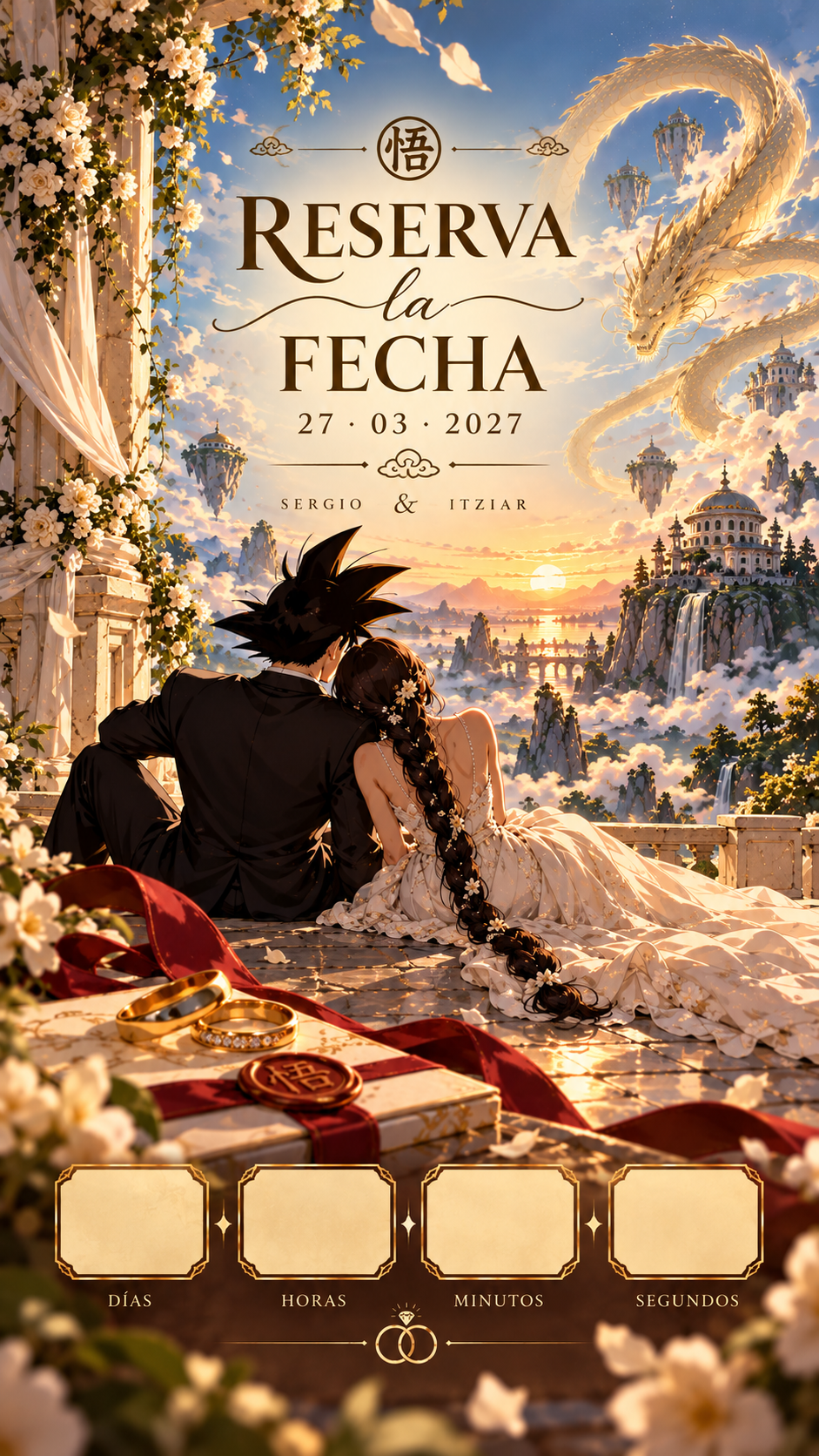 Ilustración romántica inspirada en Dragon Ball para la boda de Sergio e Itziar, el 27 de marzo de 2027